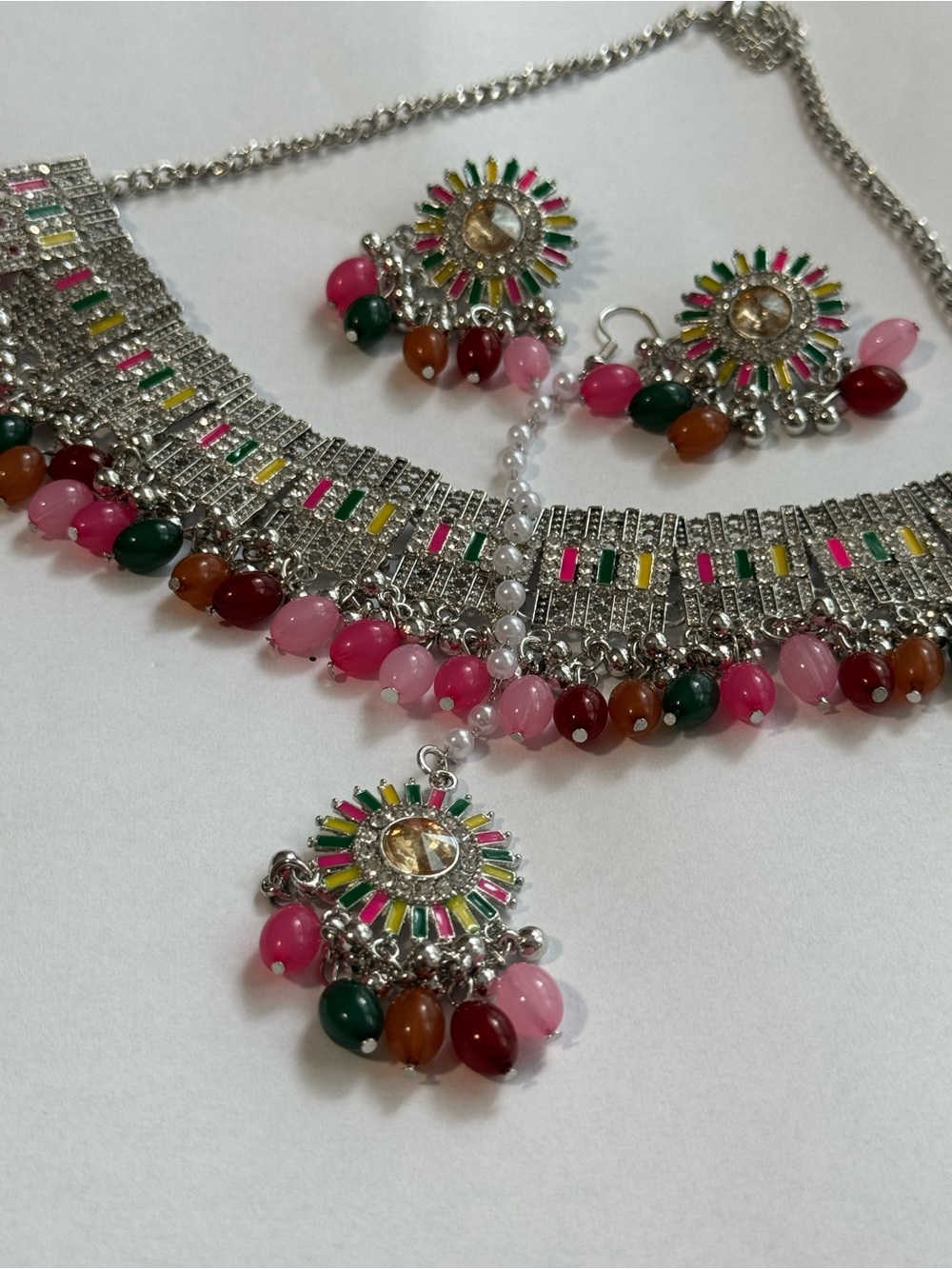 Multicolor Beaded Silver-Plated Necklace & Earring Set
